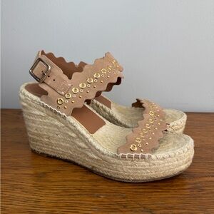 Chloe Size 38 • Pink Suede Gold Stud Espadrille Platform Shoes Wedges Sandals.